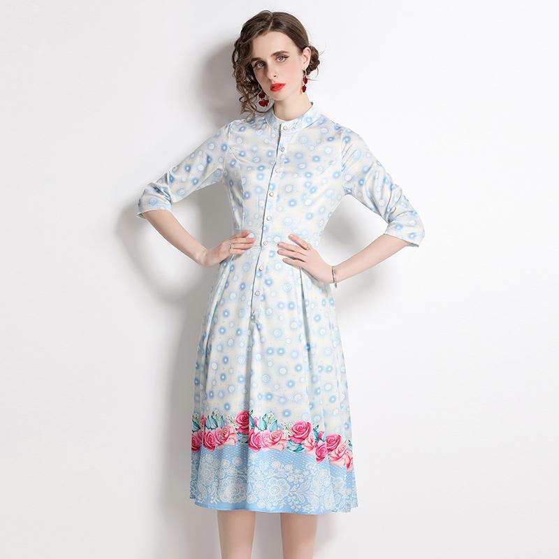 Women's Three-Quarter Sleeves Printed Lapel Shirt Dress
