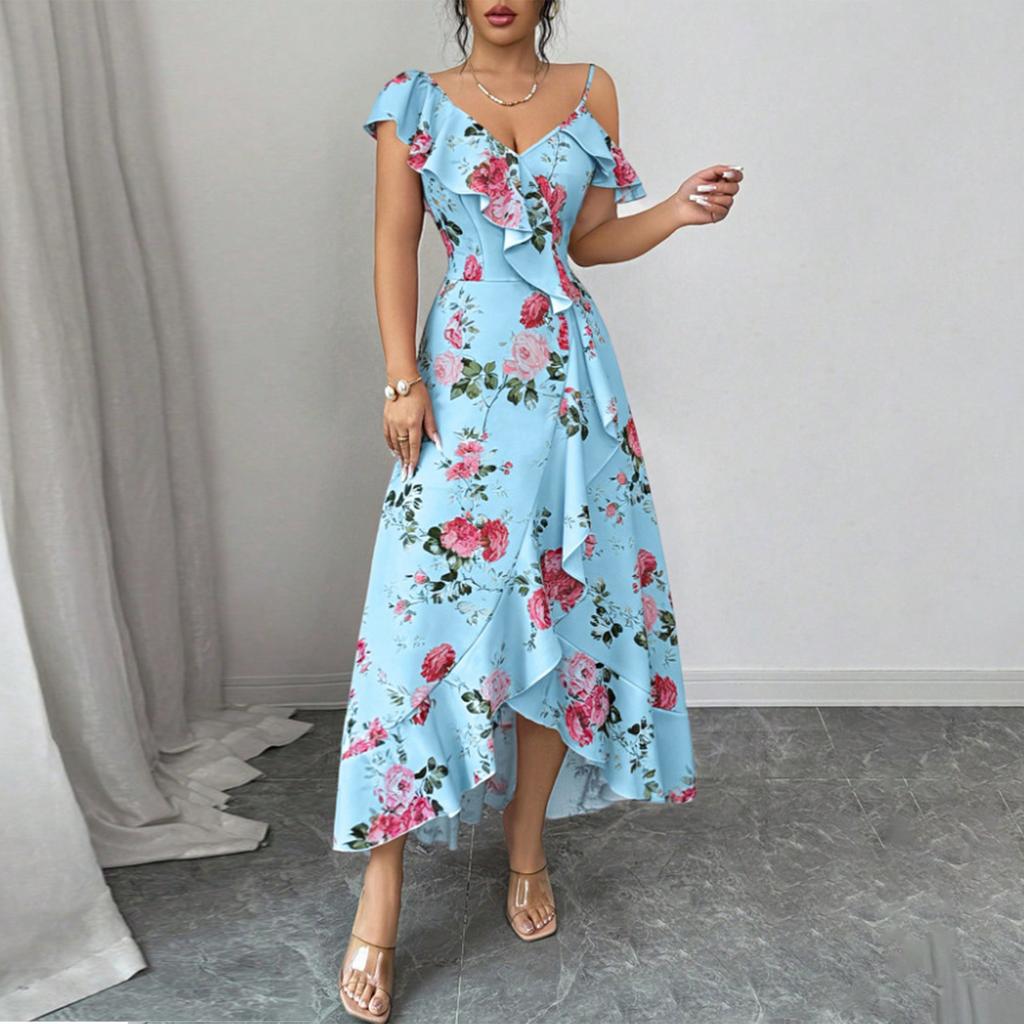 Women's V Neck Floral Print Ruffle Trim Midi Dress Sleeveless Summer Vacation Casual Elegant Dress for Outdoor Events