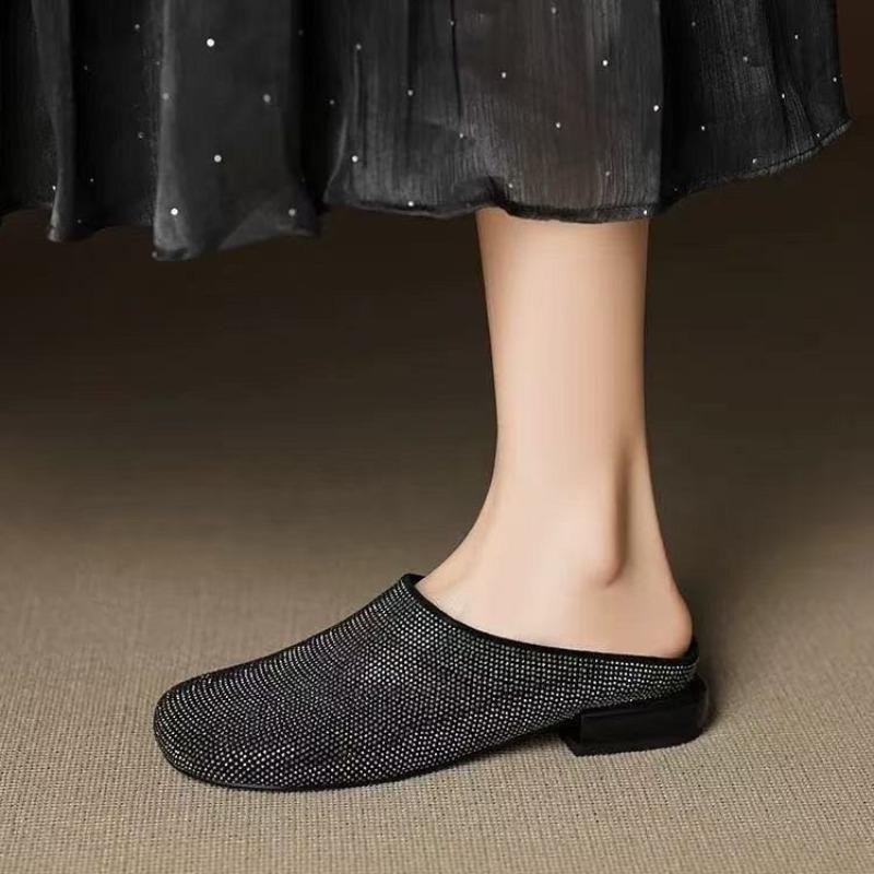 Autumn Baotou Slippers Women's Fashion Round Toe Deep Mouth Sequin Anti-slip Wear-resistant Block Heel Shoes