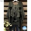 Women's Casual Abstract Cat Print Batwing Sleeve T-Shirt Round Neck Cat Tshirt Everyday Outfit Whimsical Style Summer