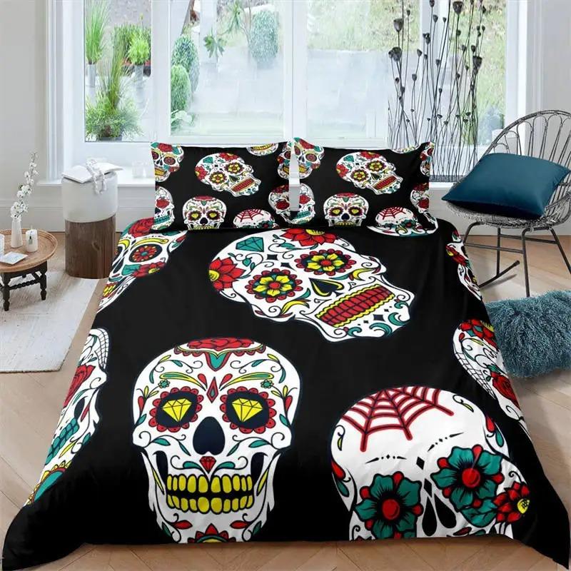 Sugar Skull Duvet Cover Luxury Gothic Skeleton Bedding Set Halloween Theme Floral Comforter Cover Twin Full For Girls Kids Teens