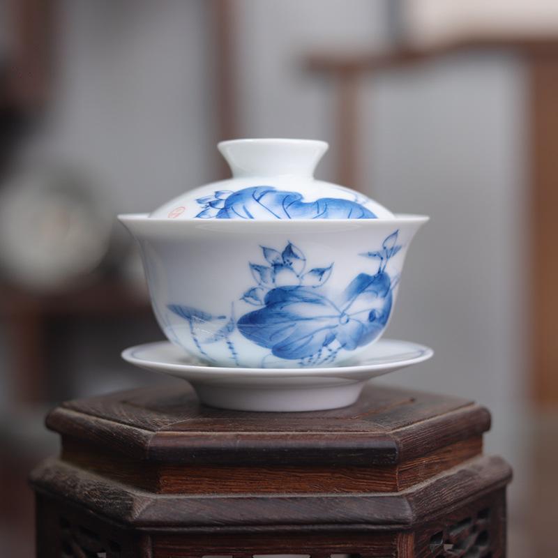 Hand Painted Blue and White Porcelain Gaiwan Lidded Tea Bowl Chinese Kung Fu Tea Set Ceremony 160ML