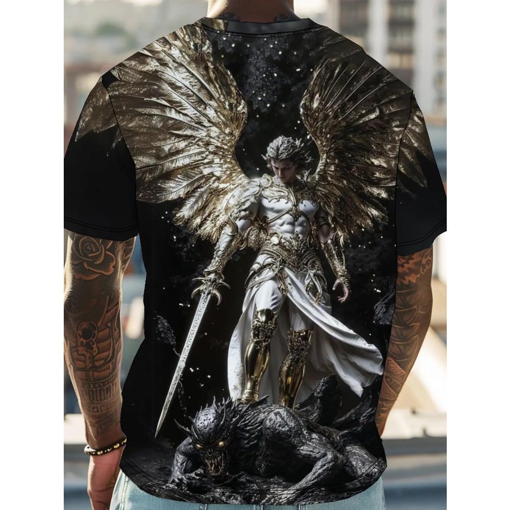 Nowa męska koszulka z nadrukiem anioła - Nadruk cyfrowy, Elastyczny materiał, Codzienna letnia koszulka, Koszulka z aniołem, Koszulka męska
