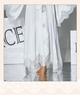 Black & White Satin Morning Robe with Flared Sleeves, Lace Accents, Long Style, Tie Belt, and Train Hem
