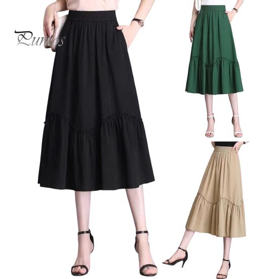 Damen Midirock, elastischer hoher Taillen-A-Linien-Langer Rock mit Taschen, einfarbig, dünner Stil, schlankmachender Designrock