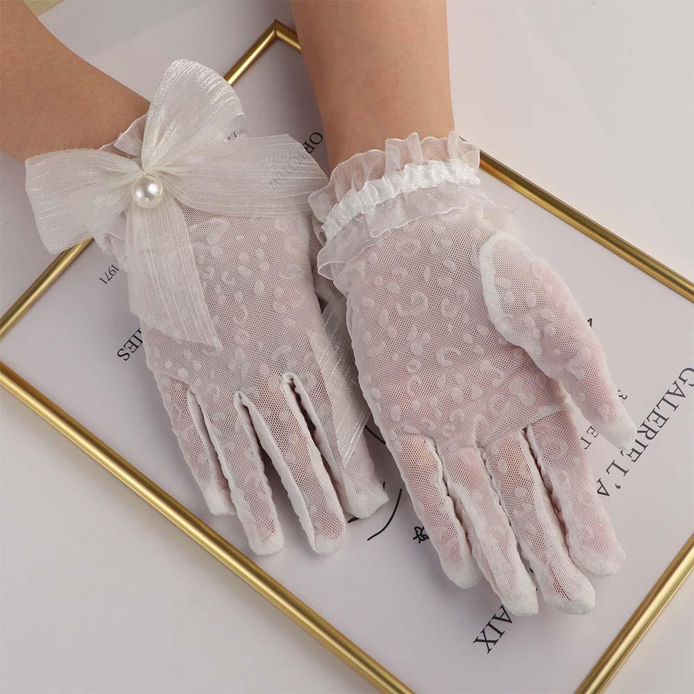 Pearls Flexible Accessories Girls Wedding Lace Bow Gloves Bridal Mittens White Gloves Ruffle