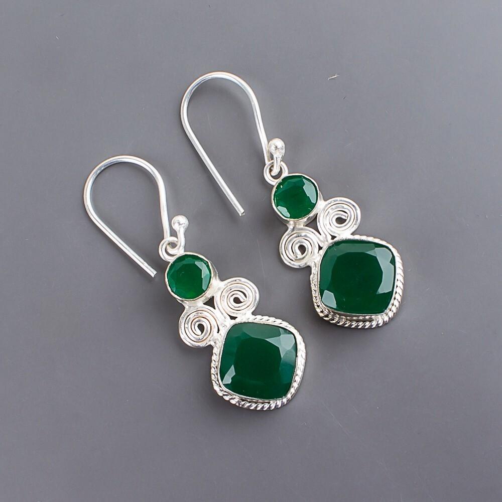 Natural Green Onyx Gemstone 925 Sterling Silver Handmade Jewelry Earrings 1.12" EE-69-12