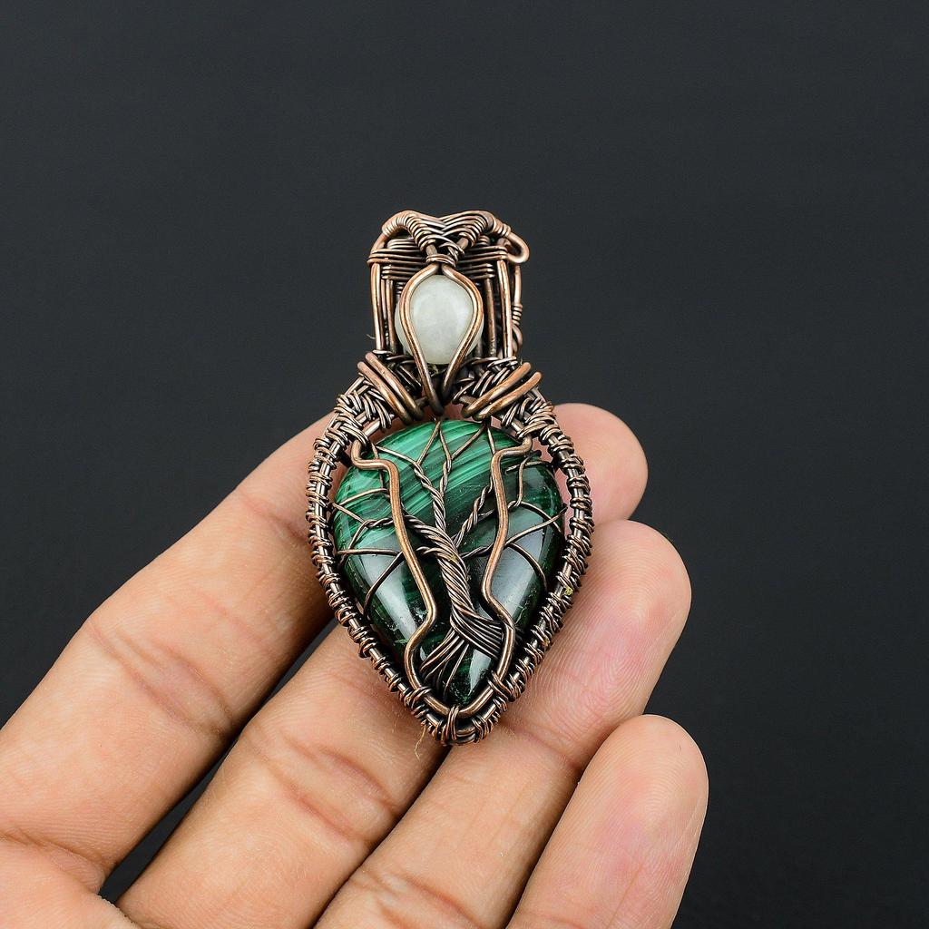 Malachite & Rainbow Moonstone Pendant, 999 Copper Wire Wrapped Pendant Jewelry. Gift For Women Handmade Pendant Gemstone Jewelry