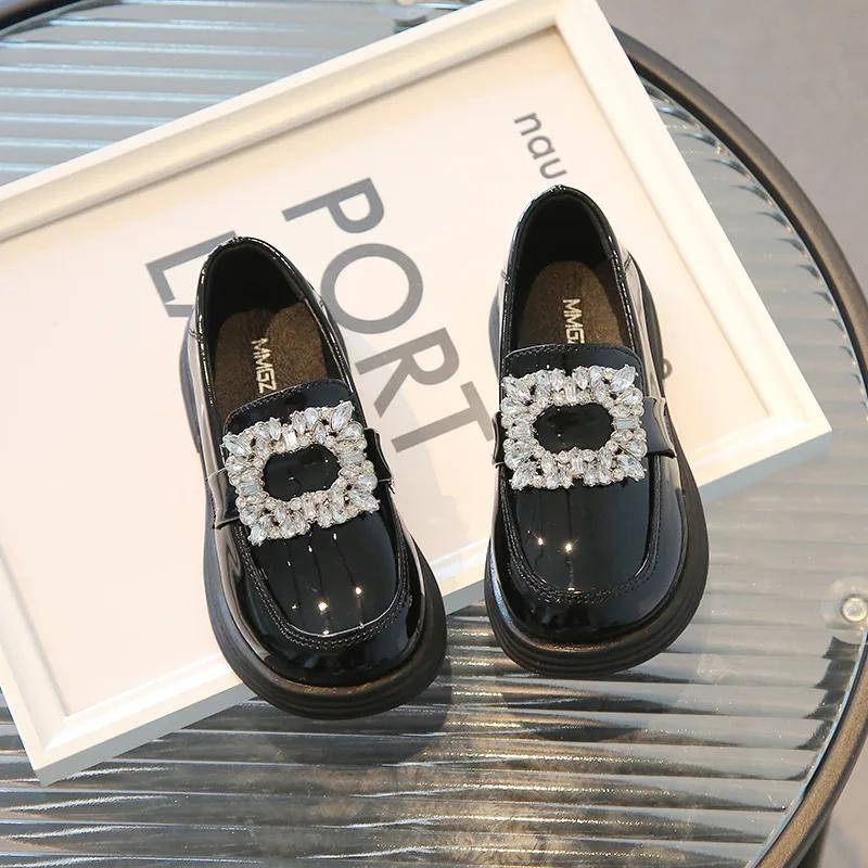 Girls Square Rhinestone Loafers Patent Leather Slip On Shoes for Children Black Loafer Platform Oxford Shoes Kids Flats