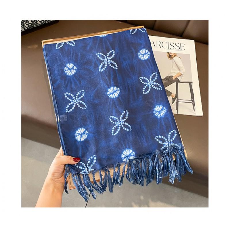 Long Cotton Linen Scarf Women Hand-Dyed Blue Indigo Wrap Shawl 180x90cm Lightweight Accessory