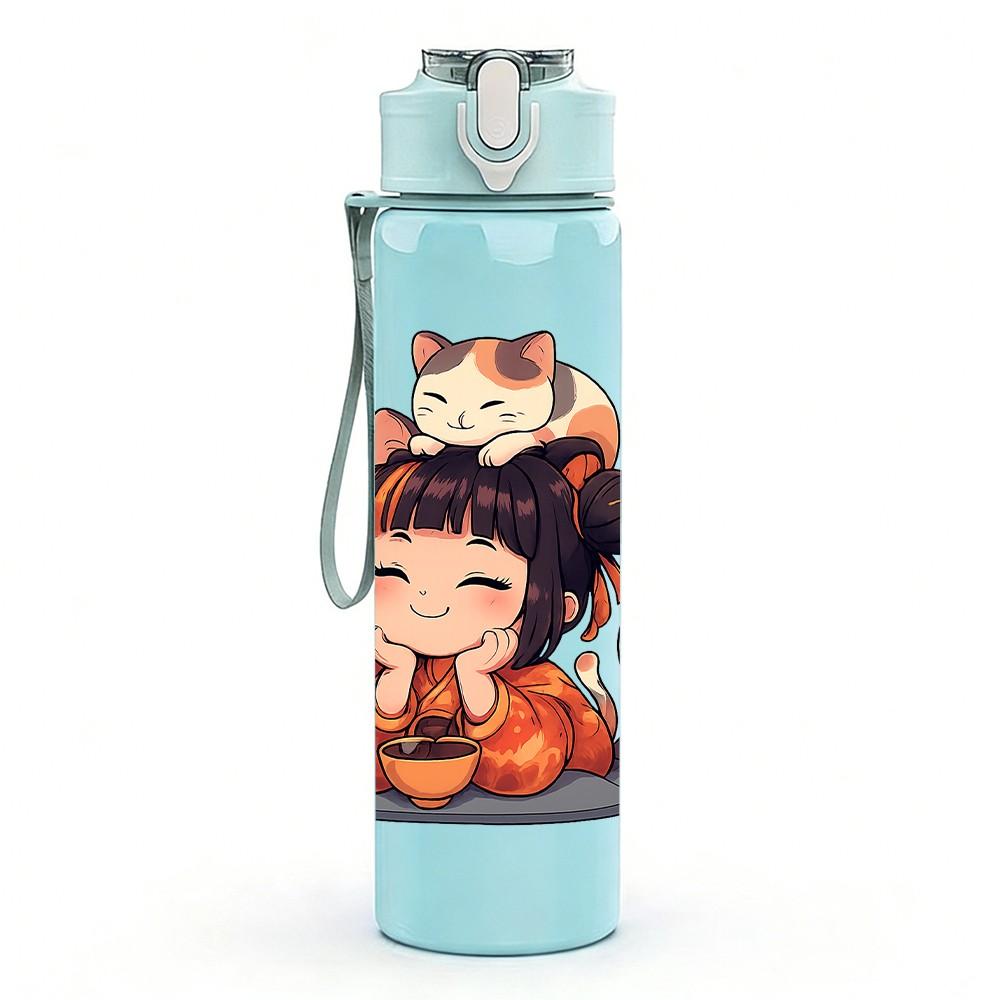 1PC Little Girl Cat Portrait 750ml Color Plastic Sports Water Bottle Leakproof Flip Straw Lid Suitable for Sports Office Home Use