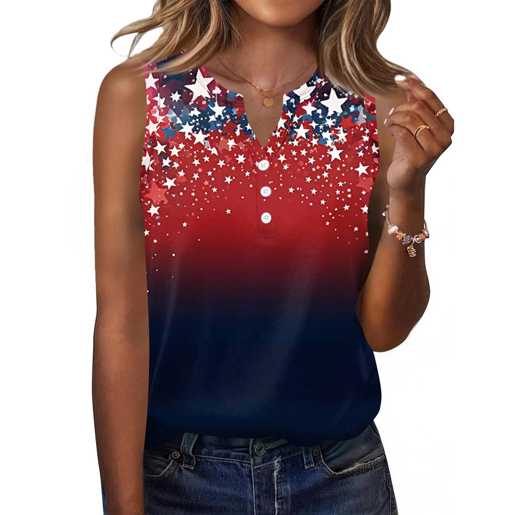Canotta da donna senza maniche con scollo a V e bottoni sul davanti, camicetta casual estiva, stampa bandiera americana, leggera, vestibilità ampia