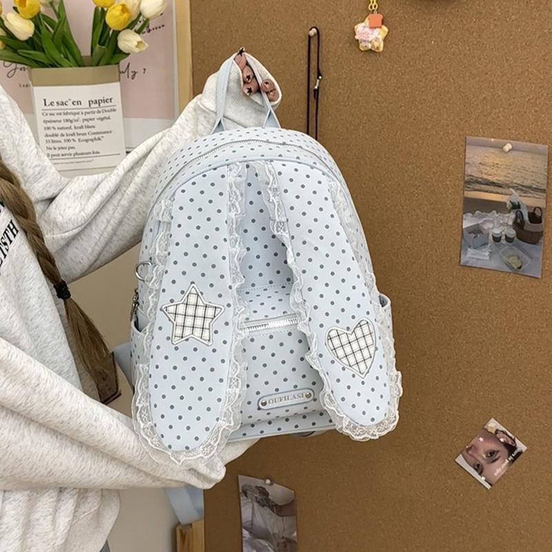 

Bunny Ear Backpack Japanese Polka Dot College Style Schoolbag Sweet Cute Lace Edge Backpack Girls Large Capacity Travel Bags