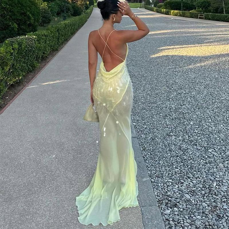 Sexy Hollow Sequin Sleeveless High Waist Evening Dress Casual Off Shoulder Deep V Slim Suspender Long Dresses