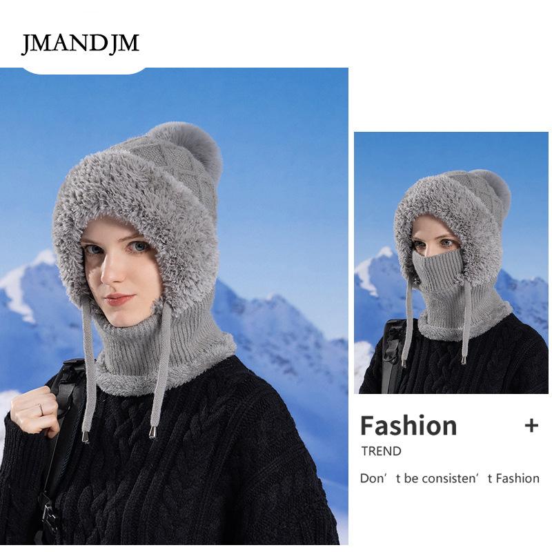 Winter Samt Strickwolle Mütze Damen Ohrenschutz Mütze Maske Schal integrierte thermische Überzieh-Mütze