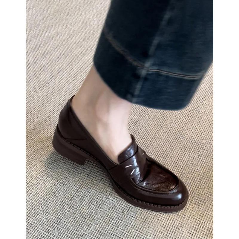 Sheepskin version~ retro leather round head thick heel one-pedal loafers women's British commuting versatile single shoes small leather shoes