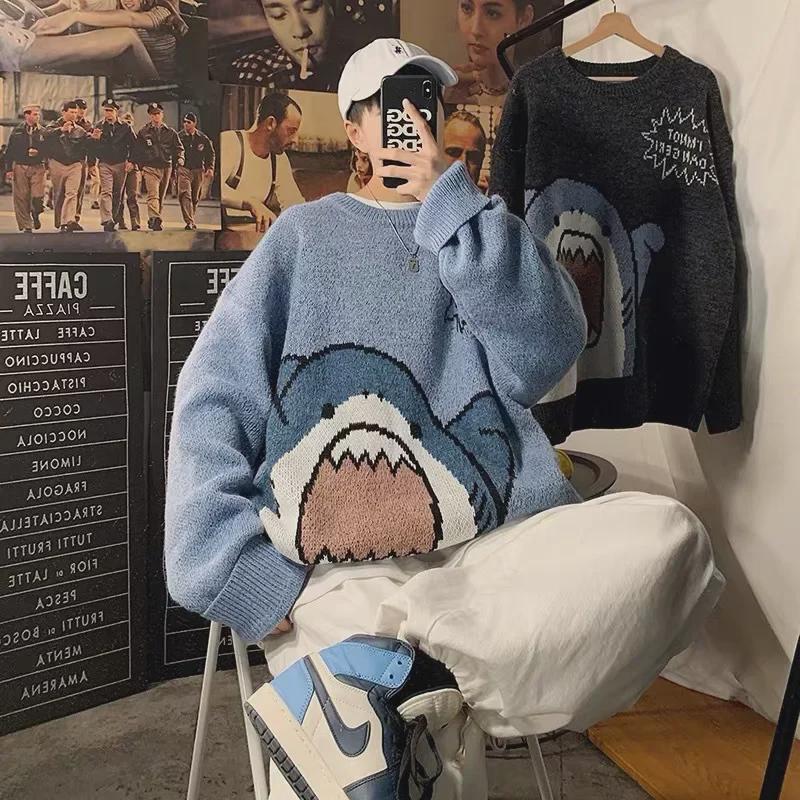 Cartoon Shark Round Neck Sweater - Men's Loose Fit, Hong Kong Style, Thick Korean Version