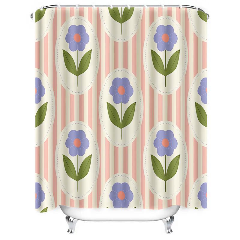 Elegant Floral Shower Curtain for Bathroom - Soft Pink and White Vertical Stripe Design with Blue Flowers and Green Leaves