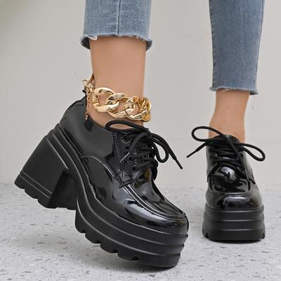 Square Heel Single Shoes Women's Spring Explosive Patent Leather Round Toe Front Lace-up Platform Non-Slip Loafers