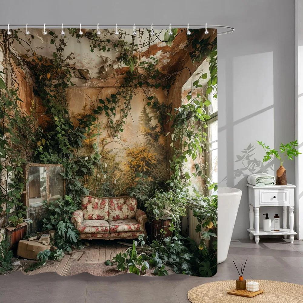 Outdoor Garden Poster Shower Curtain Vintage Window Wall Growing Floral Plants Polyester Fabric Shower Curta Bathroom Decor
