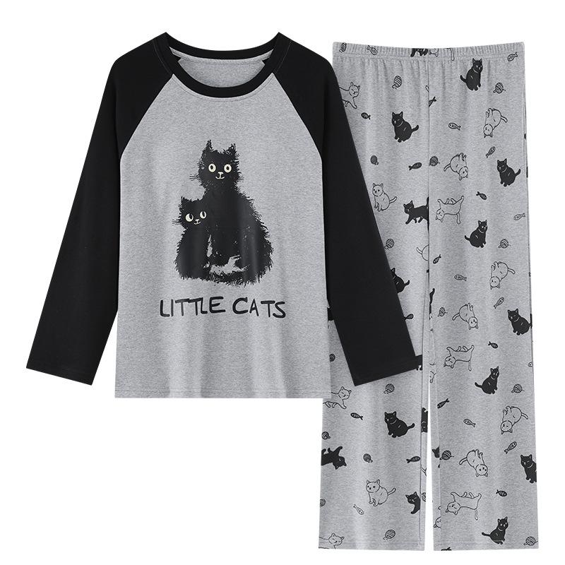 Women's Long Sleeve Cotton Pajama Set with Bra Pads - Sweet Cartoon, Plus Size, Antibacterial, Loose Fit