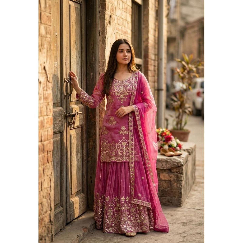 Bellissimo Salwar Kameez Pakistano da Festa Designer Bollywood Top Tuta Sharara