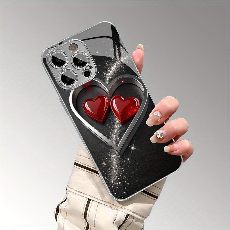 Cute Love Heart Print Tempered Glass Electroplated Phone Case For iPhone 17 16 15 14 13 12 11 Pro Max 14 Plus 16E 17 Air Cover