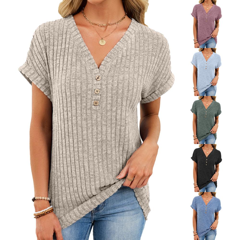 European Style Spring and Summer Solid Color V-Neck Button Casual Knitted Women Short Sleeve T-Shirt