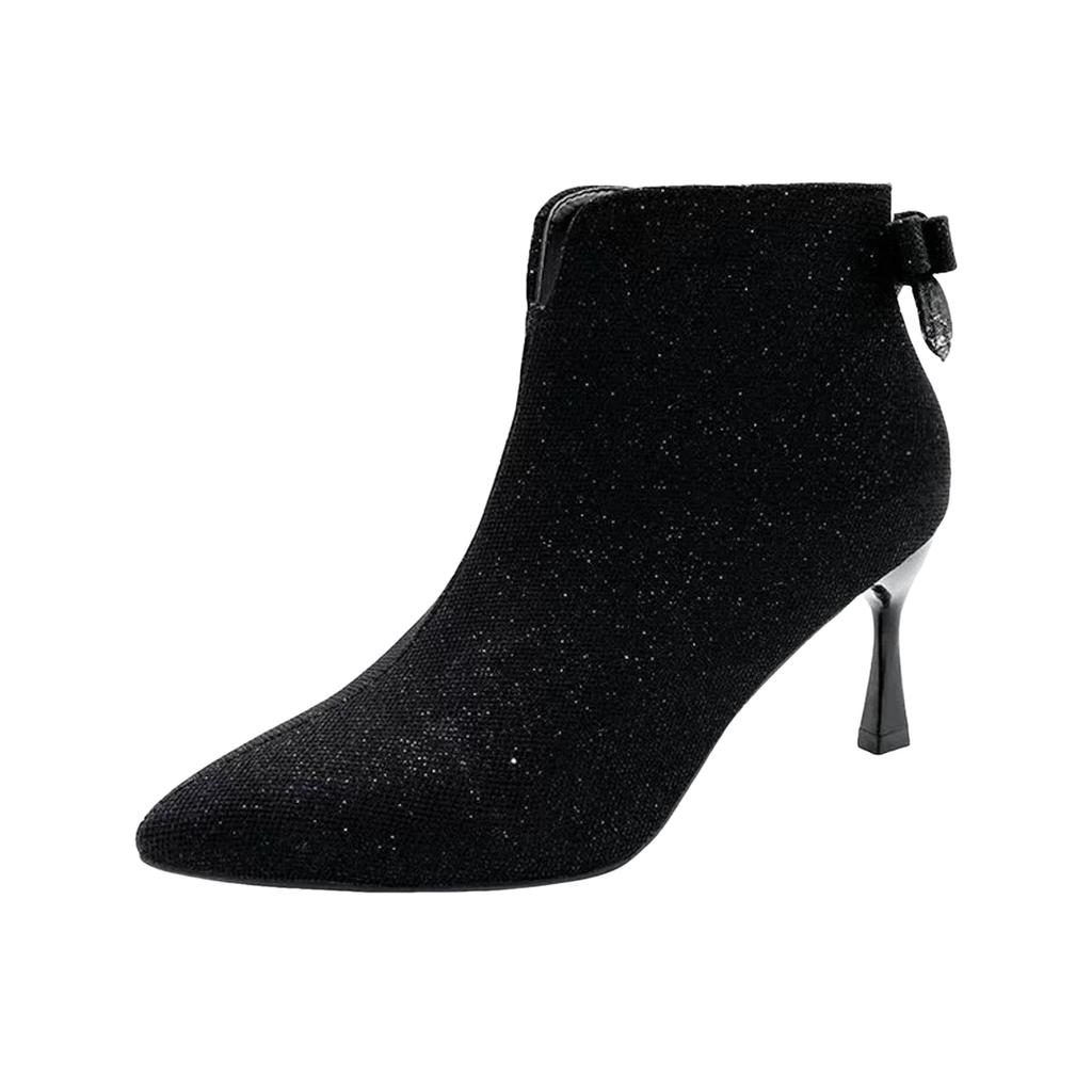 Flat Boots For Women Toe Bowknot Sequined Fabric Fashion Boots Pointed Toe Stiletto High Heel Short Boots For Zapatos De Mujer