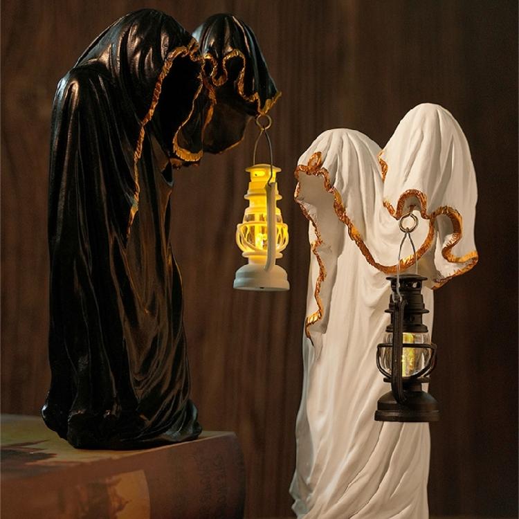 Halloween Wizard Holding Lanterns Sculpture with Intricate Carving Weather Resistant Resins Ornament For Mystical Displays