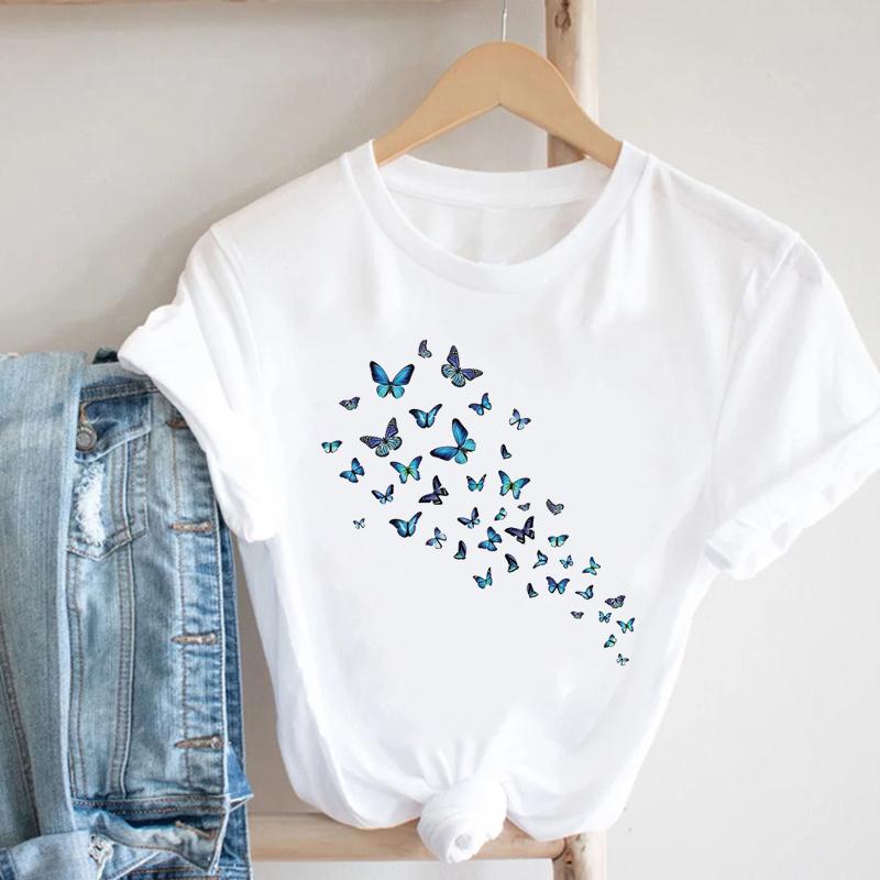 T-shirt Top Imprimé Libellule Fleur pour Femme Vêtement Mode d'Été T-shirt Décontracté Manches Courtes pour Dame Femme T-shirt Graphique