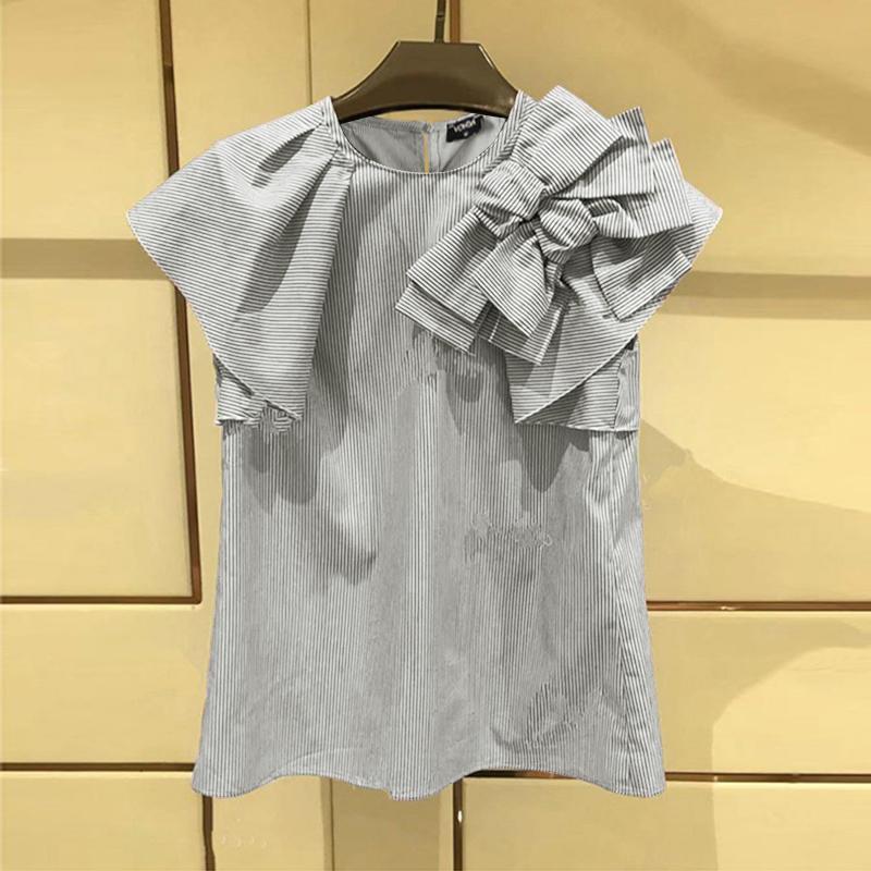 

VONDA Women Summer Round Neck Striped Short Sleeve Tie Blouses 2XL