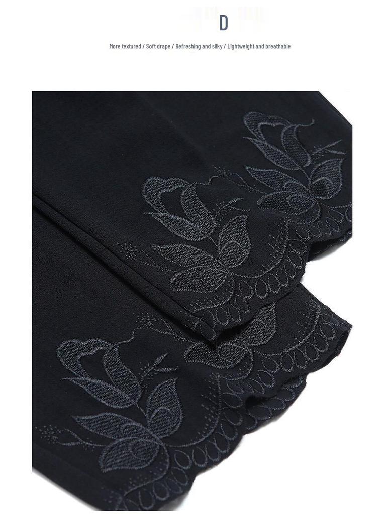 Mom's Chiffon High-Waisted Embroidered Loose-Fit Capri & Ankle Pants for Middle-Aged Women