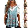 Top a maniche corte stampate con scollo a V, moda casual, maniche in pizzo, finiture in pizzo