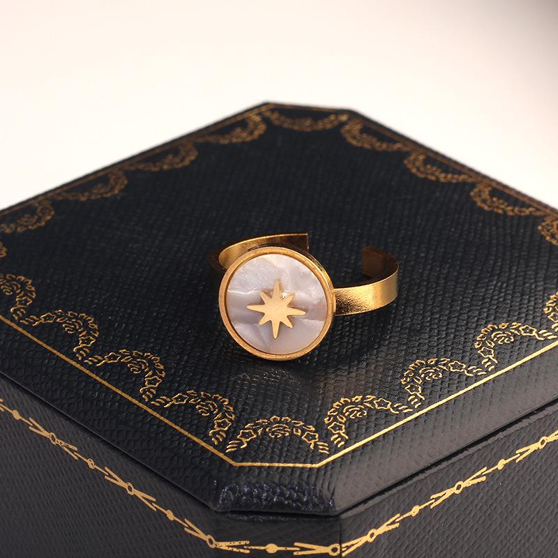 European-American Eight-Pointed Star White Shell Open Ring - Women s Versatile Stainless Steel Star Ring Accessory