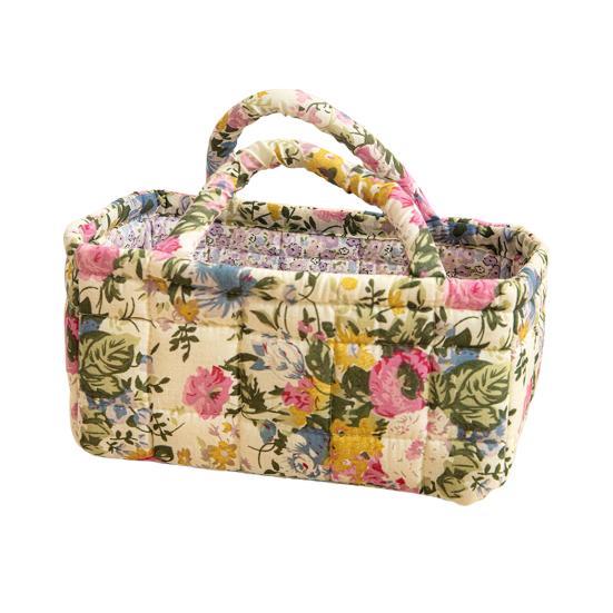 Quilted Floral Storage Basket Fabric Foldable Storage Tote with Handles Boho Collapsible Basket for Nursery Toys Towels Clothes Storage
