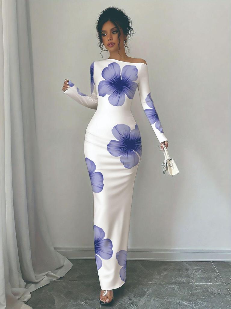 2026 One-Shoulder White Floral Slim-Fit Maxi Dress for Women