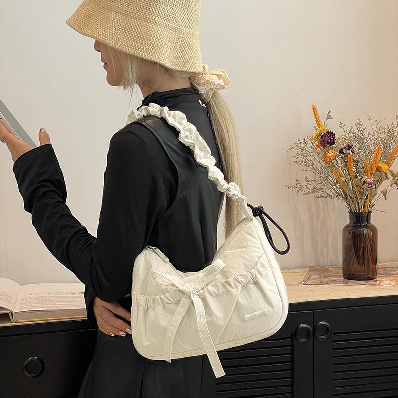 Marszczona torebka na ramię ze sznurkiem, z kokardą, crossbody, do dojazdów, damska