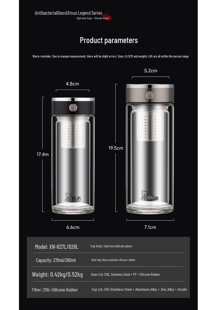 Dual-Layer Antibacterial Glass Cup for Women & Men - Compact Business, Travel, Office, or Car Use.