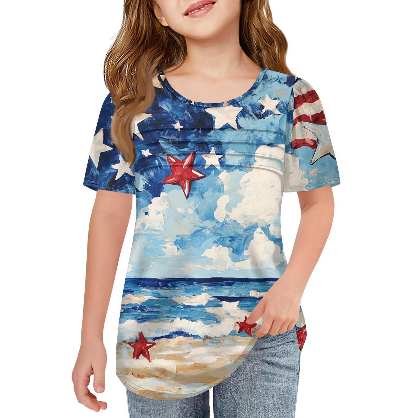 

Kids Pleated T-shirt Short Sleeve Summer Crewneck Printed Independence Day Casual Top T-shirt 120