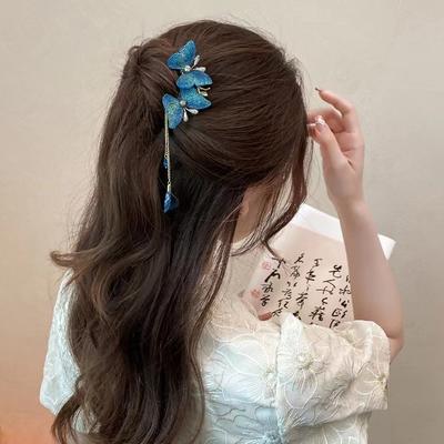 Blaue Schmetterlings-Quasten-Einsatz-Kamm-Klammer-Klipp-Weinlese-elegante Frauen-Mädchen-Pferdeschwanz-Haar-Klipp-Blumen-Blatt-Quasten-Haarnadel-Styling-Werkzeuge