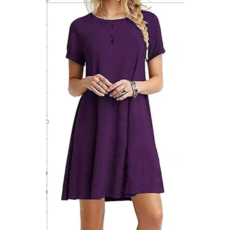 

YYFS Women s Fashion Summer Spring Solid Color Print Short Sleeve O-Neck Loose Waistlinet Casual Dresses XXL фіолетовий