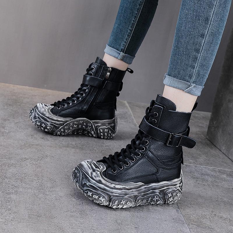 Damen Vintage Leder Motorrad Stiefeletten - Dicke Sohle, Martin Stil, Herbst/Winter Kollektion, Plus Baumwollfutter.