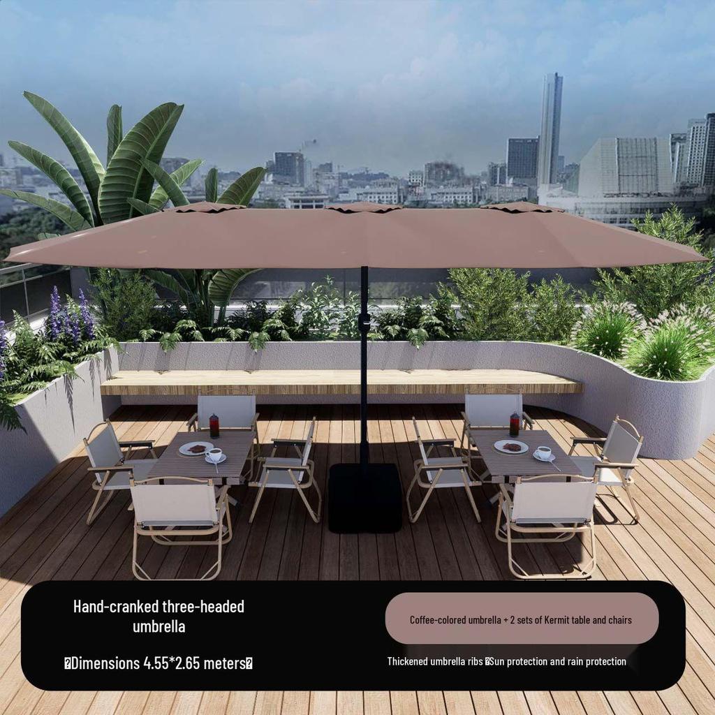 Large Outdoor Cafe & Terrace Sun Umbrella with Three-Head Center Pole