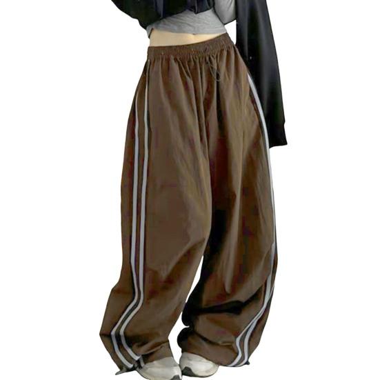 Women Cargo Pants Elastic Waist Drawstring Hem Casual Pants with Pockets Side Stripes Wide Leg Sport Pants Streetwear