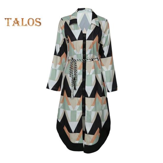 Damen-Midikleid mit Knopfleiste und V-Ausschnitt, langärmliges Kleid mit Schnürung und Aufdruck, lässiges Sommeroutfit für den Alltag, Urlaub, Club, Cocktailparty