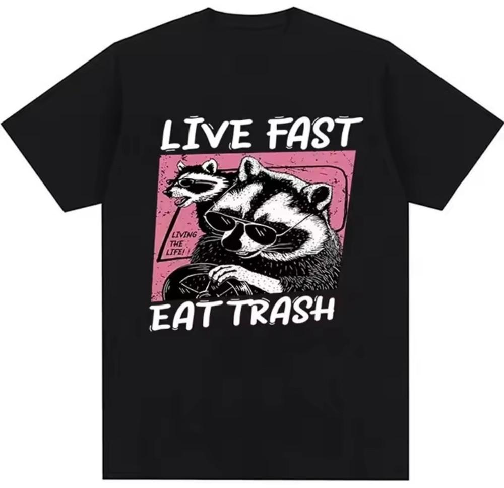 Live Fast Eat Trash Funny Cartoon T-SHIRT All Sizes S M L XL 234XL Black White