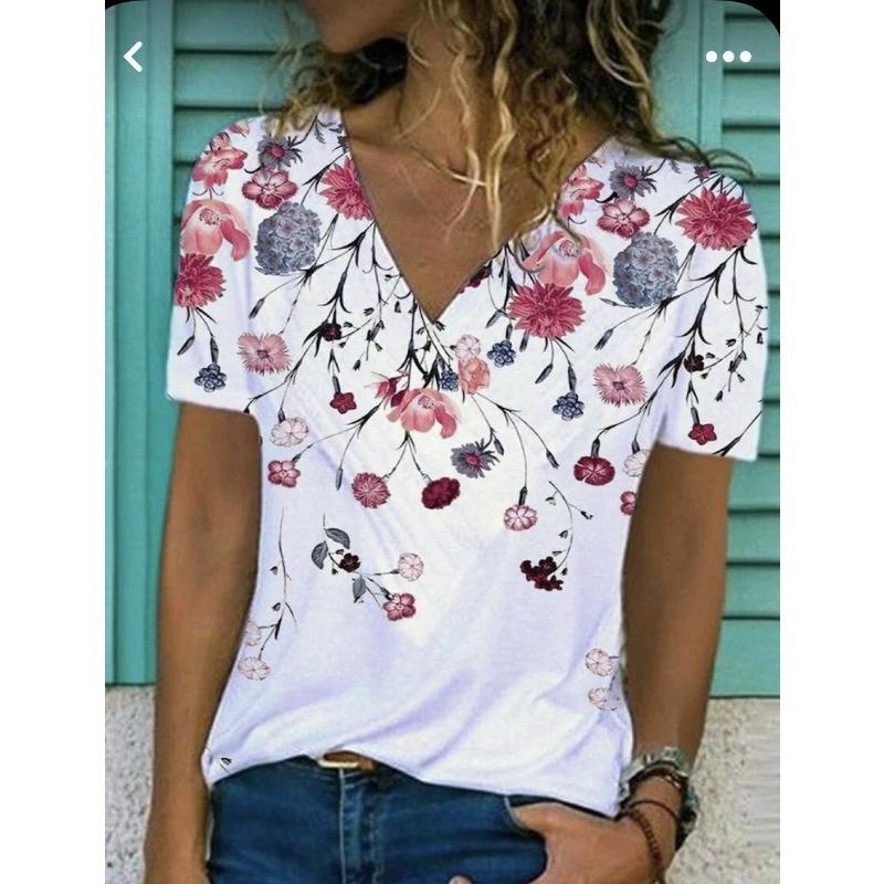 Summer V-neck 3D Flower Pattern Printed Top Fashionable Casual Short Sleeved Women's T-shirts