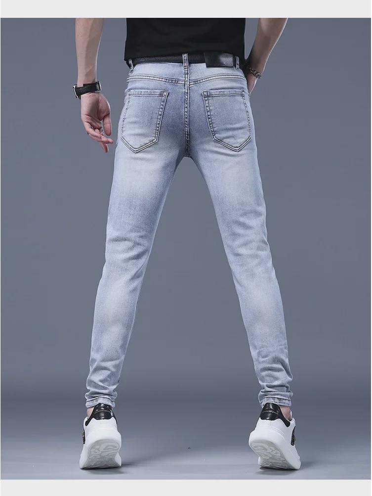 Calça Jeans Masculina Europeia Slim Branca com Bordado de Diamante