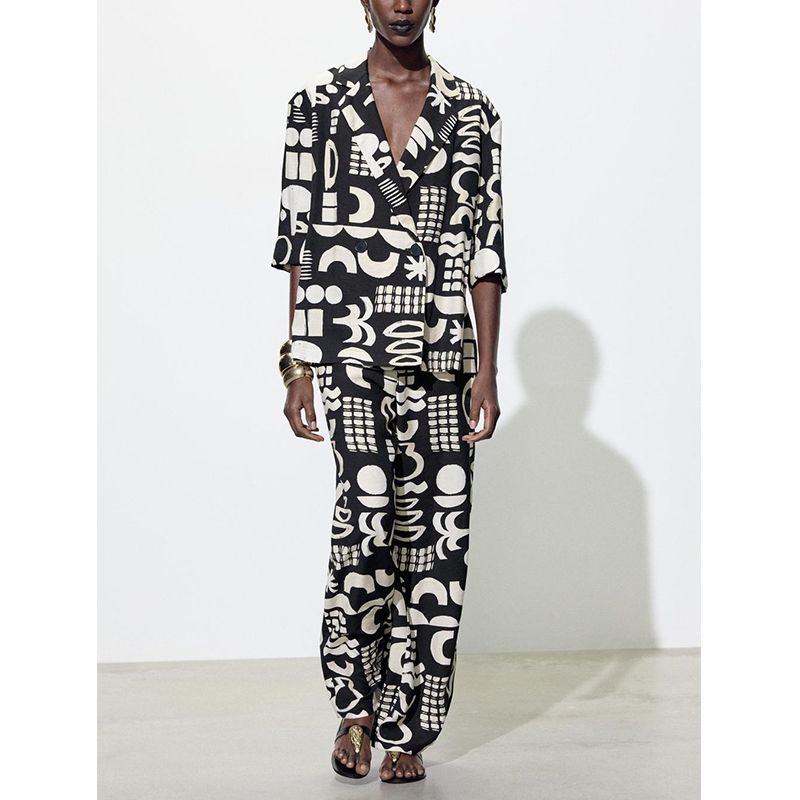 Watercolor Pattern Long Sleeves Lapel Suit Outwear 2664595 High Waist Vertical Straight-Leg Trousers 2662595